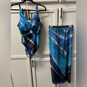 Chic Blue & Gold 1 Piece Swimsuit with Matching Skirt Coverup with BONUS